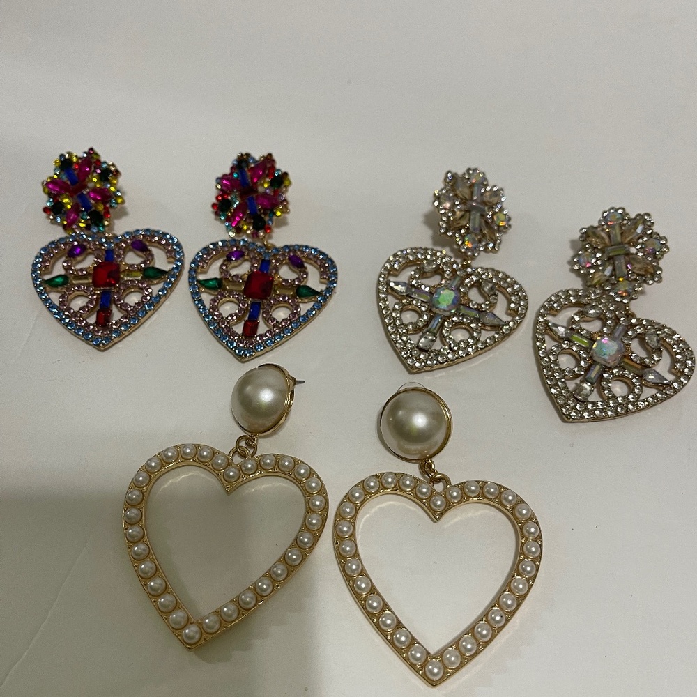 Huge 3 pair of heart dangling earrings